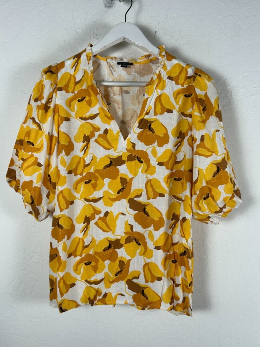 Ann Taylor Factory Womens Yellow Poppy Floral Puff Sleeve Blouse Top Medium NWOT